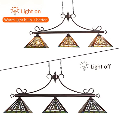 COTOSS Tiffany Pool Table Light Chandelier,Stained Glass Billiard Lighting for Snooker Table,Antique Style 3 Lights Pendant Hanging Lamp for Dining Room Kitchen Island Billiard Room