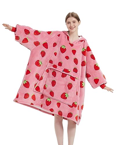 VERTAST Übergroße Hoodie Decken Sweatshirt, Super Warmer Dicke Sherpa Deckenpullover Blanket Hoodie Kuschelpullover für Damen Herren, Rosa Erdbeere