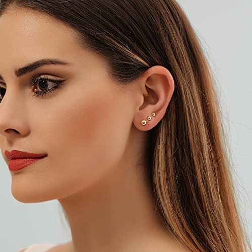 3 Pairs 14K Yellow Gold Plated Round Ball Stud Earrings For Women, Gold Plated Post Earrings For Girls 3Mm 4Mm And 6Mm #TOP1