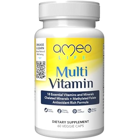 Ameo Life Chelated Daily Multivitamins for Adult Men and Women - Multi Vitamin Supplement with Zinc, Biotin, Iodine, Chromium, Manganese and Vitamins A, B6, B12, C, D and E - 60 Capsules Cover