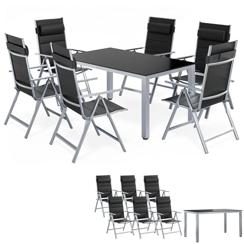 Image of CASARIA® Bern 7 Piece Aluminium Garden furniture Set | 6 Adjustable High Back Reclining Foldable Chairs With Head Cushions | Table 1500x90cm Weatherproof Outdoor Patio Seating Group | Silver