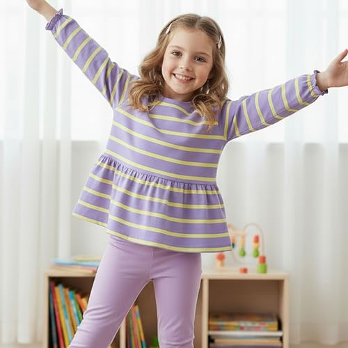 Image of UMELOK Girls Clothing Set 2 Pcs Long Sleeve Ruffle Print Top and Leggings Fall Outfit Size 4-7 Years