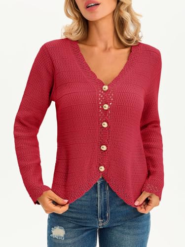 Image of Saodimallsu Womens V Neck Cardigan Sweaters Button Up Cropped Boho Knit Long Sleeve Loose Trendy Sweater Tops