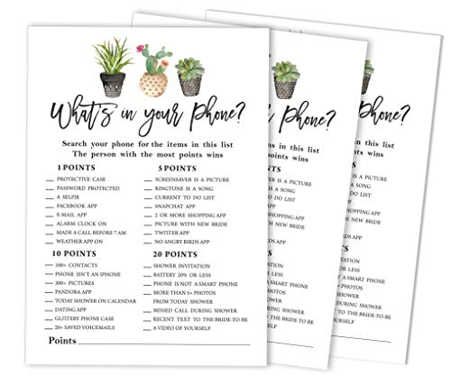 Inkdotpot Bridal Shower Game Wedding Shower Bachelorette Party Bulk Activity Game Cards 50-Pack Cactus Taco'bout Love Whats on Your Phone