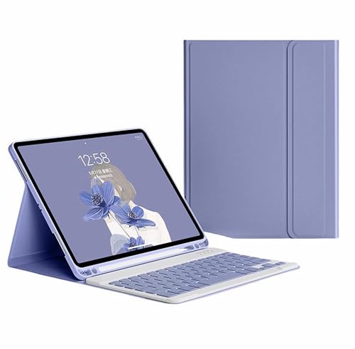 WxfTnix キーボードケース 対応機種 Ipad Pro(M4)11 インチ A3006/A2836 2024、 正方形はさみキーキャップ キーボード ワイヤレス着脱式、鉛筆ホルダー付きレザーフォリオカバー,紫色