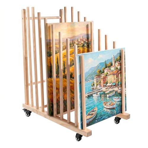 ALLOYNIX Large Art Storage Rack with Caster Wheels and Trays|Heavy Duty Wood Art Drying Rack for Canvas, Drawing Boards, Printed Matter , 30x30x8 Inch