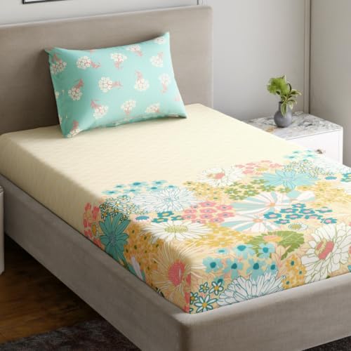Image of Home Ecstasy 100% Cotton Single Bedsheet with 1 Pillow Cover - (Size 59 x 87 inches, 140 TC, Colour - Mint)