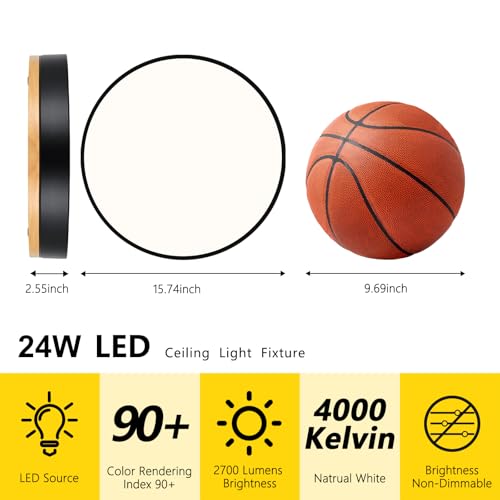 Image of Modern Wood Black Flush Mount Ceiling Light 15.75 Inch