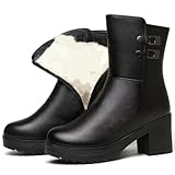 Botas con relleno para mujer, antideslizantes, cómodas, botas de piel, impermeable, nieve, botas de invierno, cálidas, bota, tacón grueso con cremallera lateral, bota de nieve, botas negras, color