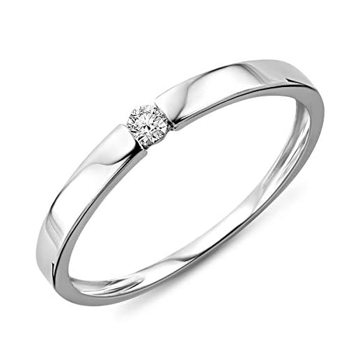Miore Anillo solitario de compromiso en oro blanco 9 quilates 375/1000 con diamante natural talla brillante de 0,05 quilates