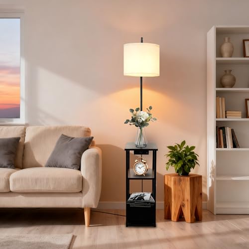 Image of Qupui Floor Lamp with Table, USB Charging, Fabric Basket, Brown