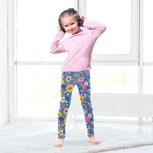 Wusikd Bees Flowers Girls' Leggings Toddler Doodles Blue Kids Yoga Pants Dance Active Tights 4T4
