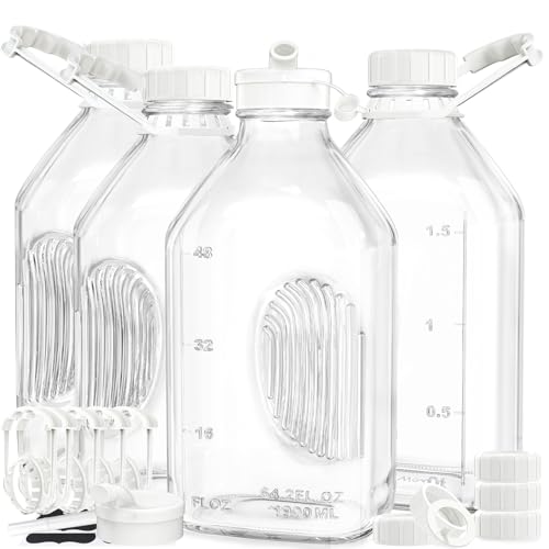 Image of Syntic 4 Pack 2 Qt Glass Milk Bottles with Handle and Airtight Reusable Screw Lids, 1/2 Gal Glass Water & Juice Bottles with 2 Pour Spouts, 64 Oz Milk Jug Pitcher w Scale