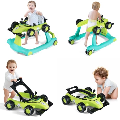 HONEY JOY 4-in-1 Baby Walker, Activity Push Walker w/3 Adjustable Heights, Smooth Wheels w/Adjustable Speed, Padded Seat, Music &amp; Light, Foldable Car Walker for Baby Boys Girls Age 6 Months+ (Green)