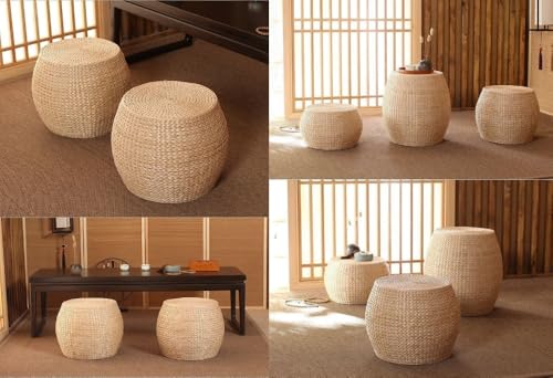 Haruze フットスツール 椅子 正座クッション イス 坐禅 座布団 瞑想 クッション ラタン製 わら編み 手編み 丸型 ショート 玄関靴履き替え用 リビング用 おしゃれ 素朴風 シンプルデザイン 家用 (高い22cm) [4]
