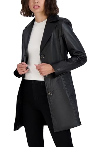Image of TAHARI Women's Genuine Lambskin Leather Trench Coat With Notch Collar, Button Closure & Tie Belt