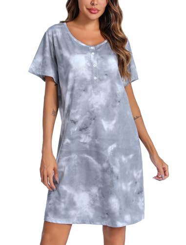 Image of ENJOYNIGHT Womens Short Sleeve Nightgown Tie Dye Nightshirt Nursing Sleepshirts Breastfeeding Sleep Dress