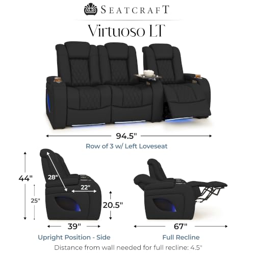 Image of Seatcraft Virtuoso LT Black Italian Leather Home Theater Seating, Zero Gravity Power Recliner, Heat and Massage, Powered Headrest and Lumbar Gaming and Home Office Chair, Row of 3 Left Loveseats