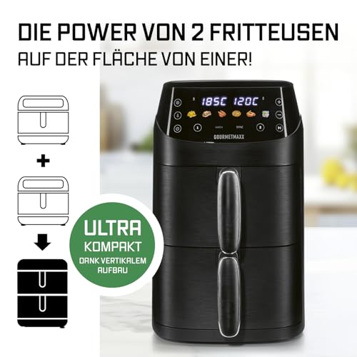 GOURMETmaxx FryUp Vertikale Doppelkammer Heißluftfritteuse XS | Airfryer mit MultiColour-LED-Touchdisplay | Heißluftfritteuse 2 Kammern, 5 L Volumen (2x2,5L) | Heissluftfritteuse Doppelkammer 2 Ebenen 2