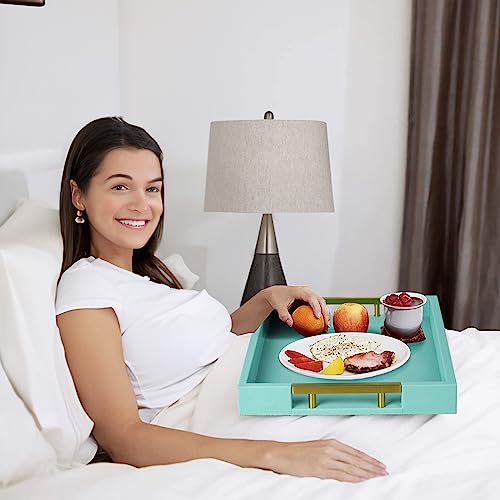 Maoname Serving Tray With Handles, 15.7 X 11.8 Inch Decorative Tray Coffee Table, Modern Faux Leather Rectangular Tray, Ottoman Trays For Living Room, Vanity, Kitchen, Light Blue #TOP6