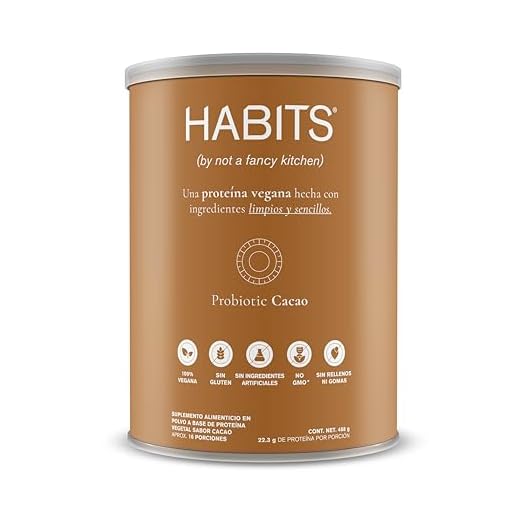 HABITS BY NFK - Proteína Vegana en Polvo - 22.3 g de Proteína Vegetal Por Porción - KETO Friendly, Libre de Gluten, Sin Azúcares Añadidos, Fuente de BCAAs, No GMO - 16 Porciones Sabor Cacao - HAB-C01 - 488 g