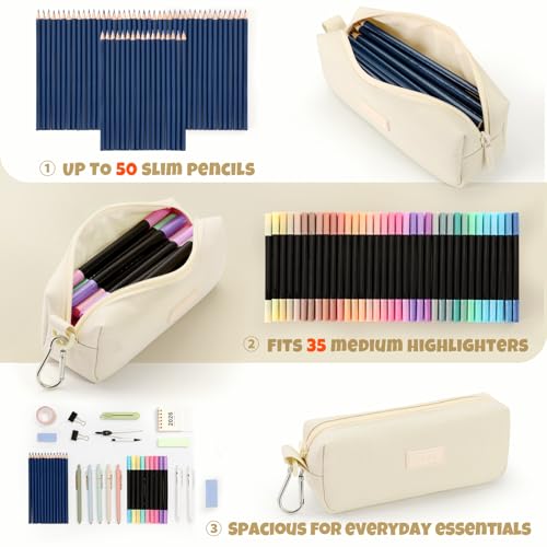 Image of SUNEE Small Pencil Case for Girls & Boys, Pencil Pouch Pen Bag Coin Pouch with Durable Oxford Fabric Marker Pen Case for School Supplies Office Stationery Organizer, Beige
