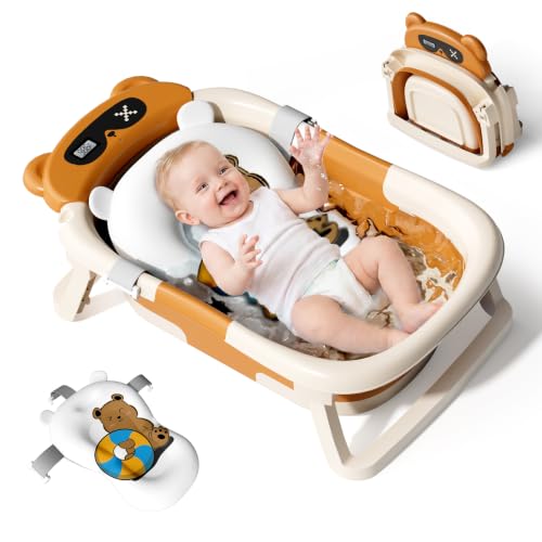 Collapsible Baby Bathtub for Newborn to Toddler (0-18 Months) - Foldable Baby Bath Tub with Soft Towel, Newborn&amp; Infant Bathtub for Travel and Outdoor, Brown