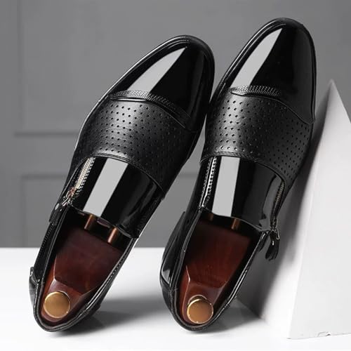 Men's Dress Shoes Patent Leather Loafers Comfy Slip-on Business Dress Flats with Zipper Breathable Driving Shoes4