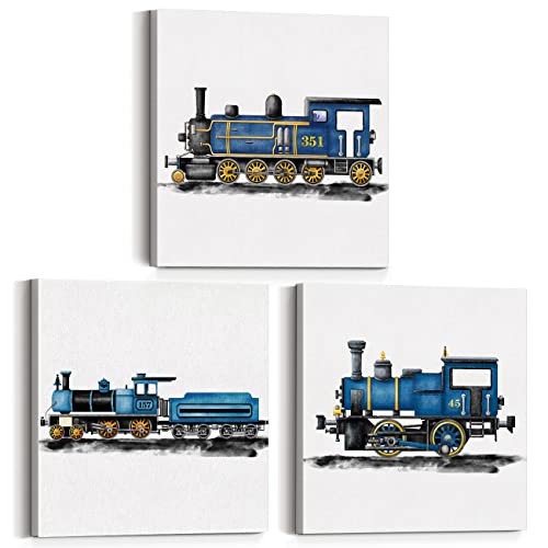 Yuzi-N Set Of 3 Blue Steam Train Nursery Vehicle Art Posters Canvas Wall Art & Tabletop Decoration For Home Kids Bedroom, Watercolor Steam Locomotive Prints Easel & Hanging Hook 12X12 Inch #TOP10