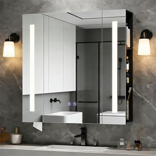 YU YUSING Badezimmerschrank mit LED Beleuchtung 70x16x70cm, Spiegelschrank Bad mit Regal und Tür, Beschlagfrei, 3 Farben Dimmbar, Badschrank mit LED-Spiegel, Badspiegel Hängeschrank, Schwarz Holz