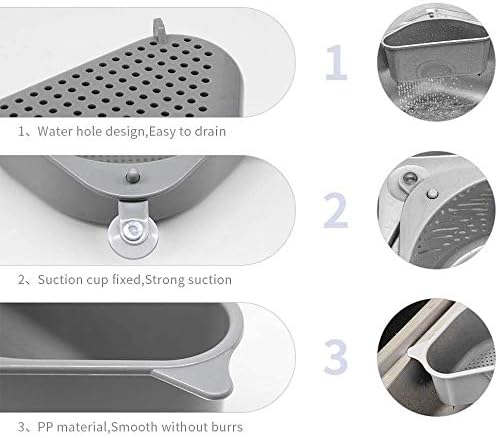 Kitchen Sink Strainer Basket, Sink Drain Strainer Shelf Triangular Sink Basket Multifunctional Drain Shelf Sink Storage Rack Sucker Holder for Kitchen Bathroom Support Corner (Gray)