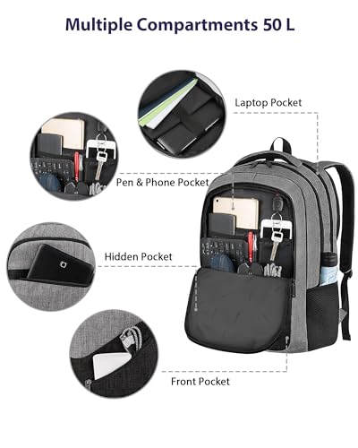 Image of MATEIN Extra Large Laptop Backpack 18.4 Inch, Airplane Approved Travel Backpack with Luggage Strap and Anti Theft Pocket, 50 L College Computer Carry On, Gifts for Business Work Men, Grey Black