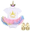 Baby Meisjes 1e Verjaardag Outfit Bloem Bodysuit Jurk Glanzende Eenhoorn Romper Tutu Rok Hoofdband Schoenen Kleding Set Cake Smash Peuter Prinses Party Tutu Foto Shoot Kostuum