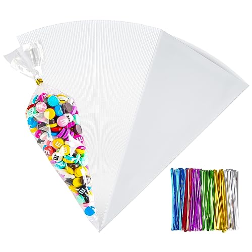 120PCS Cone Cellophane Bags 25 x 13 cm,Plastic Popcorn Clear Cone Bags for Party, Clear Cone Shaped Treat Bags with Twist Ties