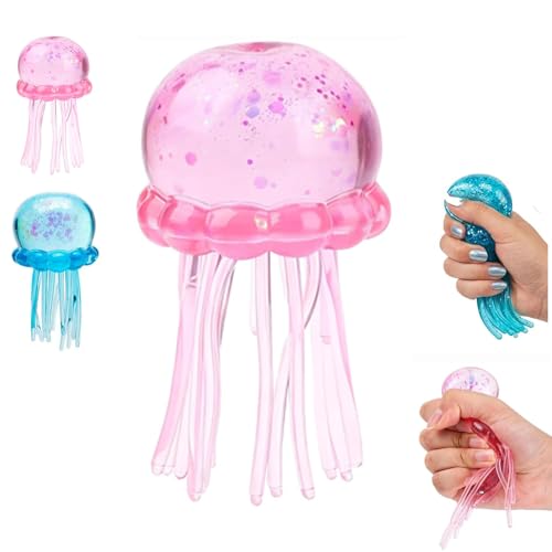 Glitter Jellyfish Squishy Toy Cute Stress Relief Fidget Toys for Kids & Adults Soft Translucent Jellyfish Sensory Squeeze Ball Portable Relief Squeeze Ball for Office School (Pink)