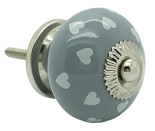 G Decor Gray Polka Hearts Ceramic Door Knob Vintage Shabby Chic Cupboard Drawer Pull Handle (White Stars On Grey)