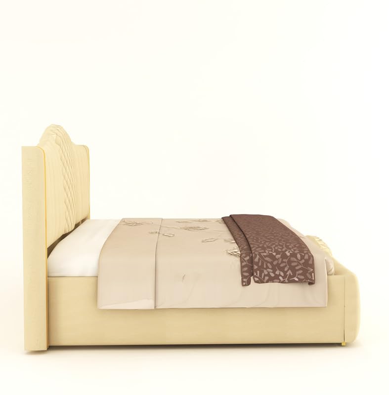 Image of Aesthetic crafts Hydraulic Bed Queen Size with Storage, Sheesham Wood Upholstered Wooden Double Bed, Queen Size Bed with Hydraulic Storage, Modern Platform Cot for Bedroom & Hotels, 6.5 x 5 Ft, Cream