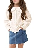 Haloumoning Girls Baby Doll Collar Shirt Classic Long Sleeve Button Down Uniform Shirts Soft Blouse Tops Beige