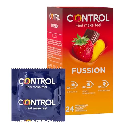 Control Preservativos Fussion, Caja 24 Condones Sabores Variados, Chocolate, Melocotón y Menta, Lubricados, Ajuste Óptimo para una Relación Segura