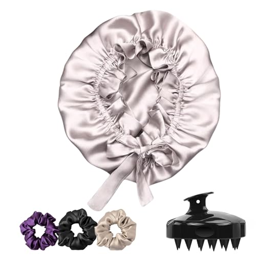 Image of Atrube's Silk Satin Hair Bonnet Reversible with Adjustable Tie Band Wrap Satin Wrap with Hair Scalp Massager Shampoo Brush and 3 Scrunchies (Grey)