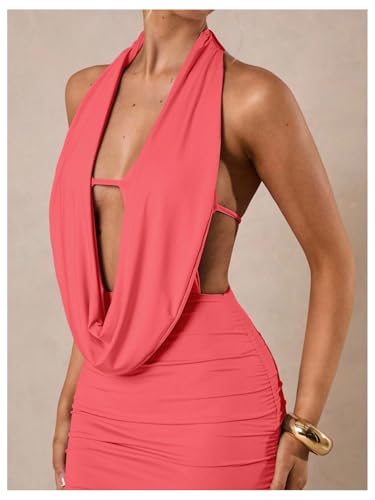 Image of SOLY HUX Women's Sexy Deep V Neck Halter Bodycon Mini Dress Sleeveless Party Club Dresses