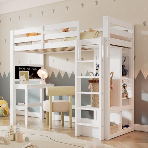 LAKFEW Cama Alta de 90x200 cm con Armario Abierto y Pizarra de Doble Cara, Litera con Escritorio y Escalera, Cama Infantil Cama Tren con Protección Anticaída y Listones de Madera, Blanco, Sin Colchón