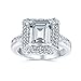 Imagen de Bling Jewelry Anillo de compromiso con halo solitario rectangular de zafiro azul simulado talla esmeralda CZ pavé 3CT AAA para mujer en plata de ley