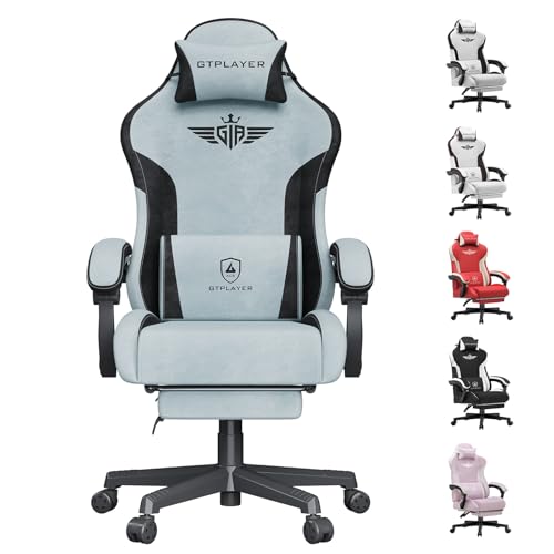 Image of GTPLAYER Gaming Chair, Computer Office Chair Lumbar Support, Linkage Armrests and Footrest, Ergonomic Game Chair for Adults with Extended Backrest, Velvet Fabric, Light Blue