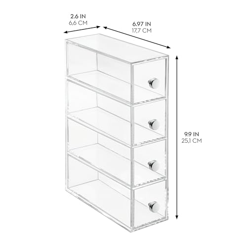 IDesign Organizer Makijażu z 4 Szufladami, Wąska Wieża z Tworzywa Sztucznego do Przechowywania Kosmetyków, Przezroczysty