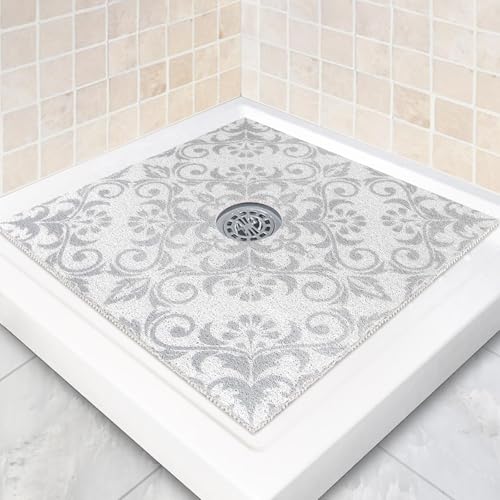Square Shower Mat Non Slip: 24 x 24 Inch Shower Mats with Drain Hole in Middle - PVC Loofah Anti Slip Shower Floor Matt for Inside Shower