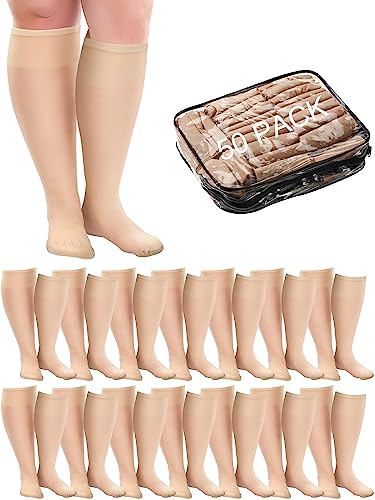 50 Pairs Sheer Knee Stockings Bulk for Women Nylon Knee Highs Pantyhose Socks for Lady with PVC Makeup Bag