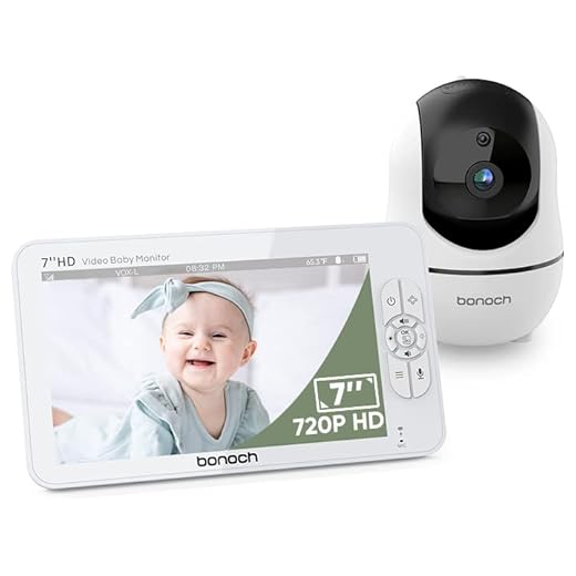 bonoch Vigilabebés con cámara, 7‘’ 720P HD Video vigilabebés con Pantalla Dividida 22h batería, cámara y Audio, Alcance 300m, visión Nocturna Auto, Zoom 4X Llamada bidireccional con Modo VOX
