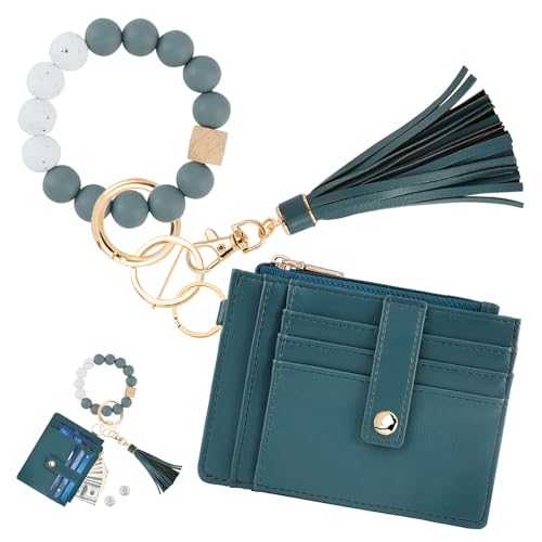Image of KNGITRYI Wristlet Wallet for Women,RFID Keychain Wallet with Beaded Strap | 8 Card Slots,ID Window,Zipper Pocket,Leather Tassel,Compact Design