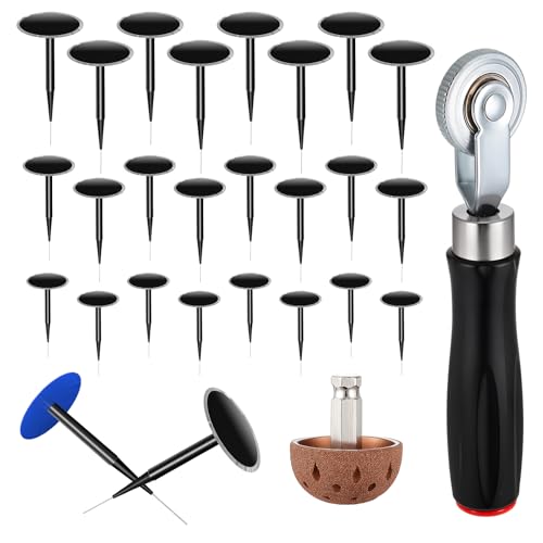 Josojoou 26Pcs Tire Repair Patch Tool Kit Including 24pcs Tire Patch Plugs(35/40/50 mm) Tungsten Buffing Wheel Tire Patch Roller with 4mm Twist Drill Bits Tire Patch Kit for Vehicles